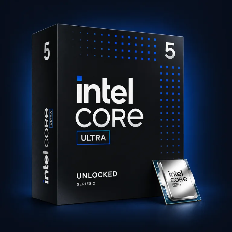 Intel Core Ultra 5 retail box and processor on a midnight blue background