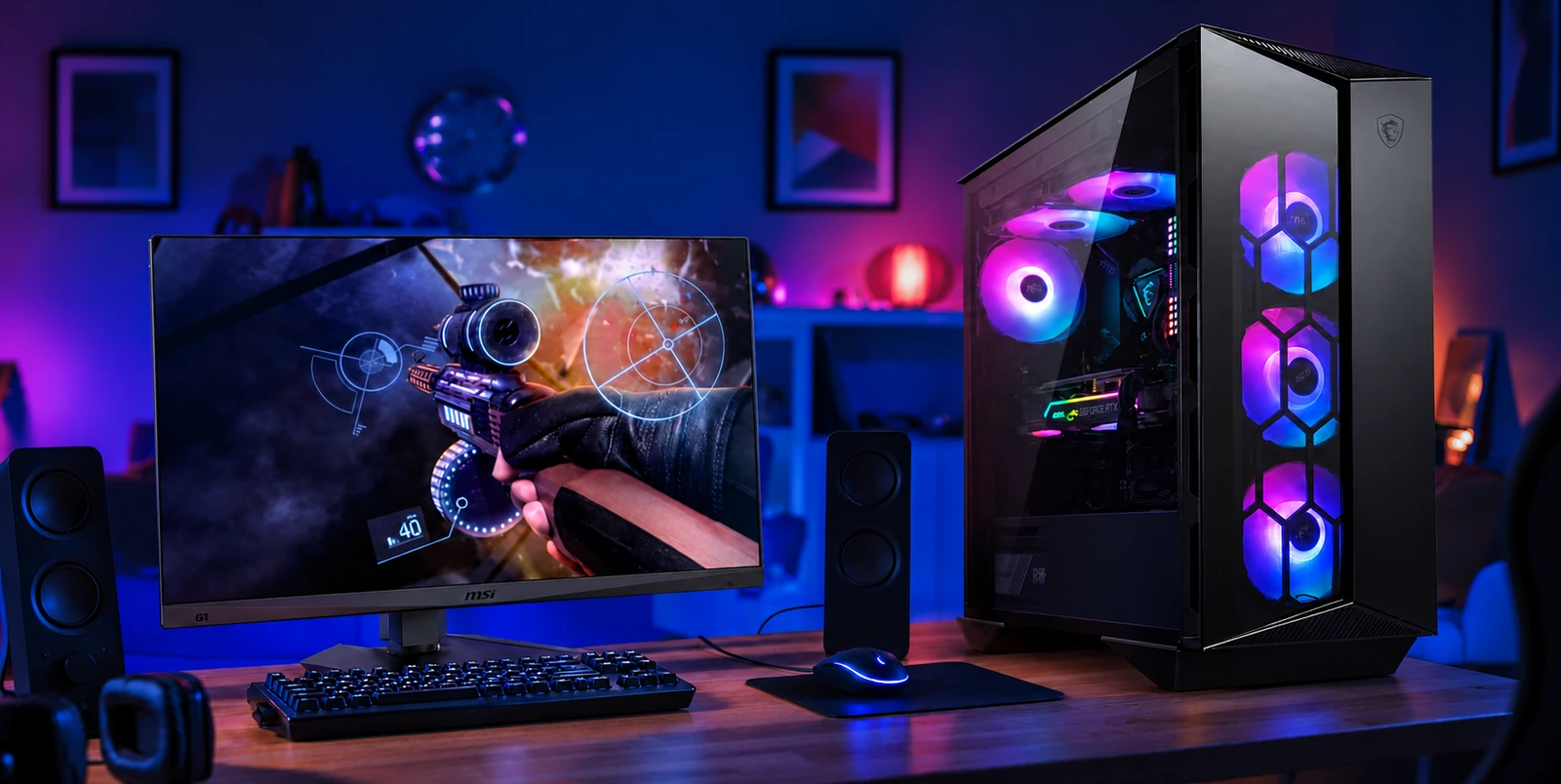 Example gaming desk with an Apache PC, display and peripherals