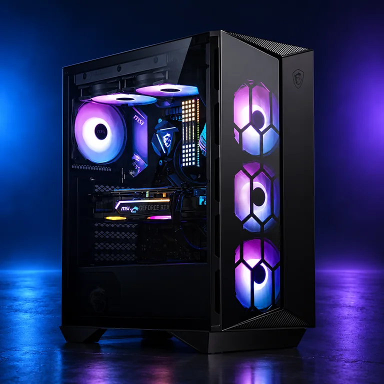 Example black Apache PC in an MSI Gungnir case with illuminated fans