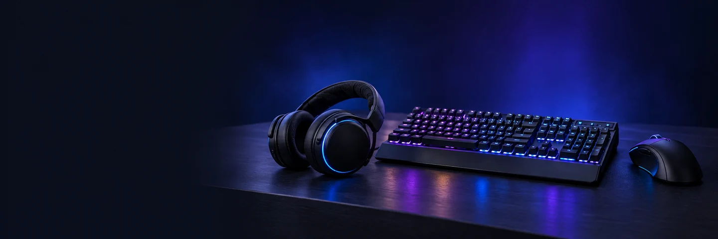 Casque de jeu noir, clavier et souris avec éclairage bleu et violet