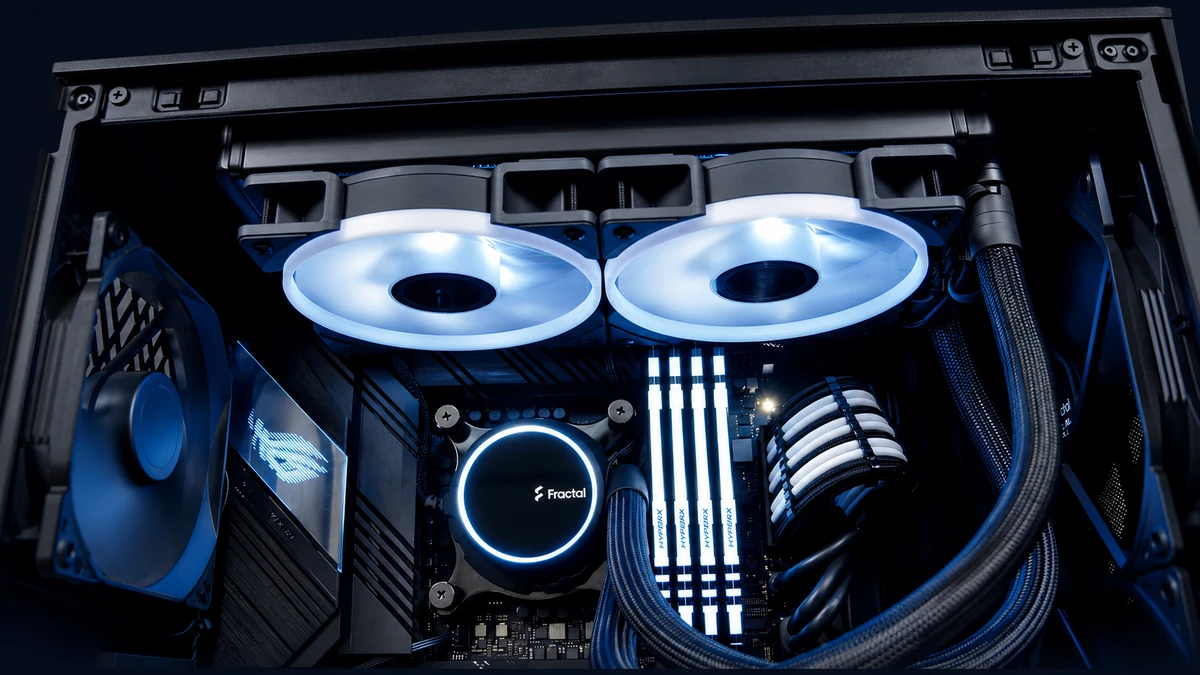 Close-up of an example Valkyrie liquid-cooled assembly with top radiator fans and braided tubing