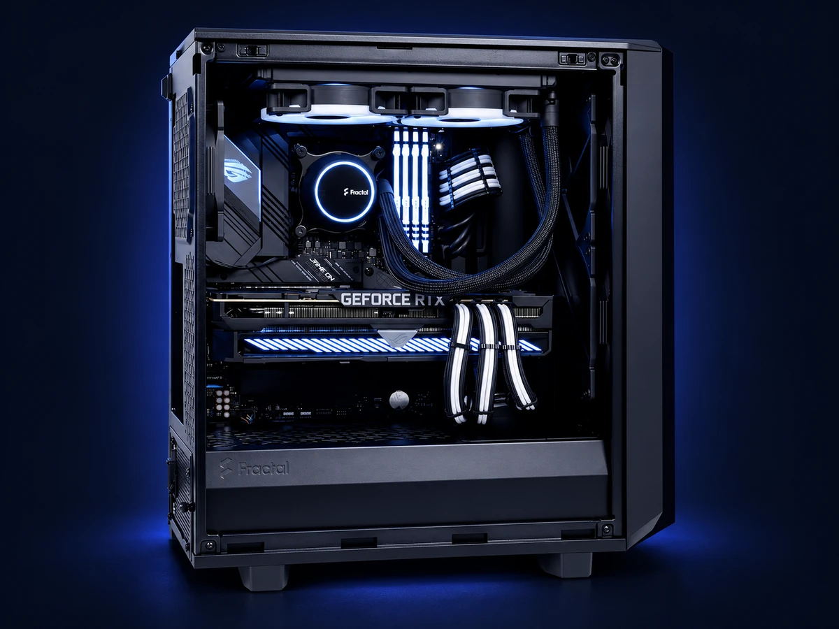 Example Valkyrie interior showing liquid cooling, illuminated memory and organized black-and-white cables