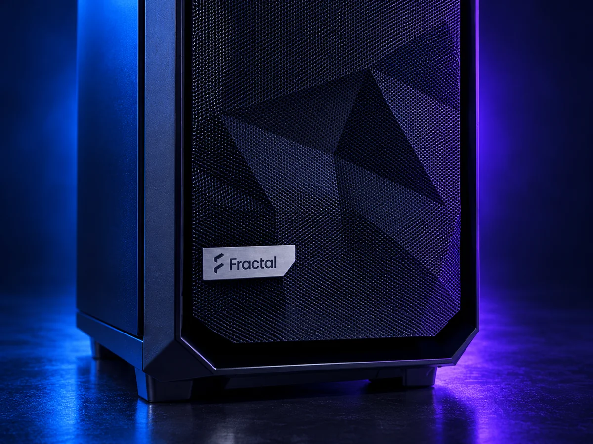 Faceted black mesh front and Fractal badge of the Meshify C case