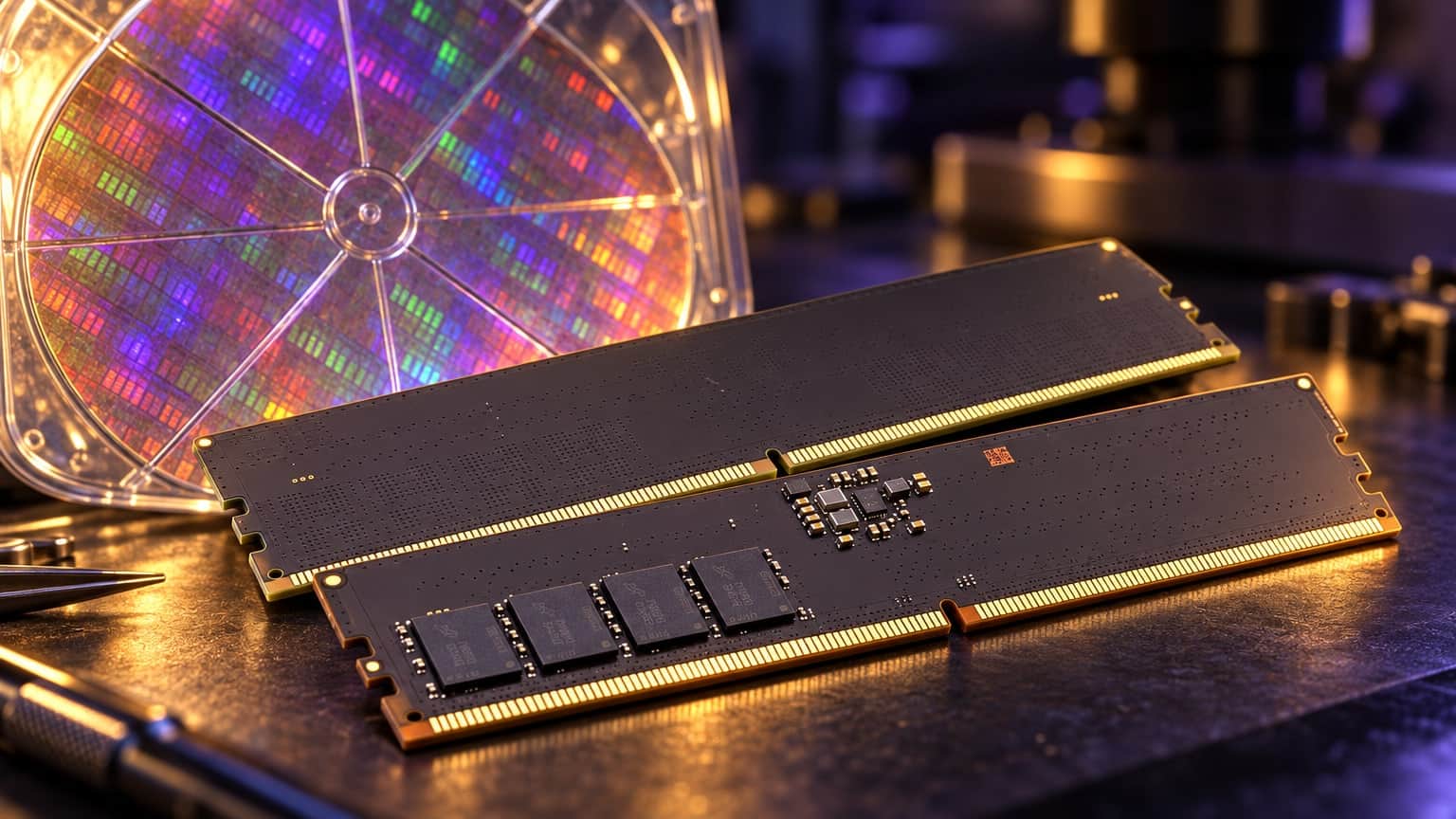 Close-up of DDR5 memory sticks beside glowing silicon wafer