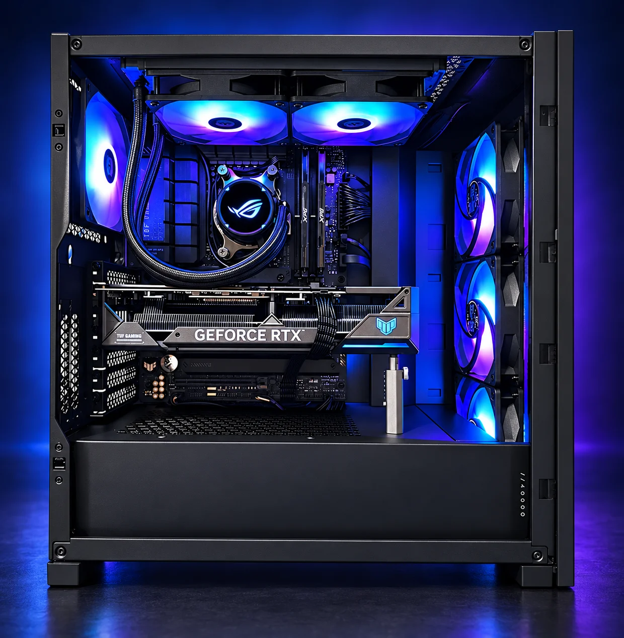 Example black Corsair build with liquid cooling and GeForce RTX graphics