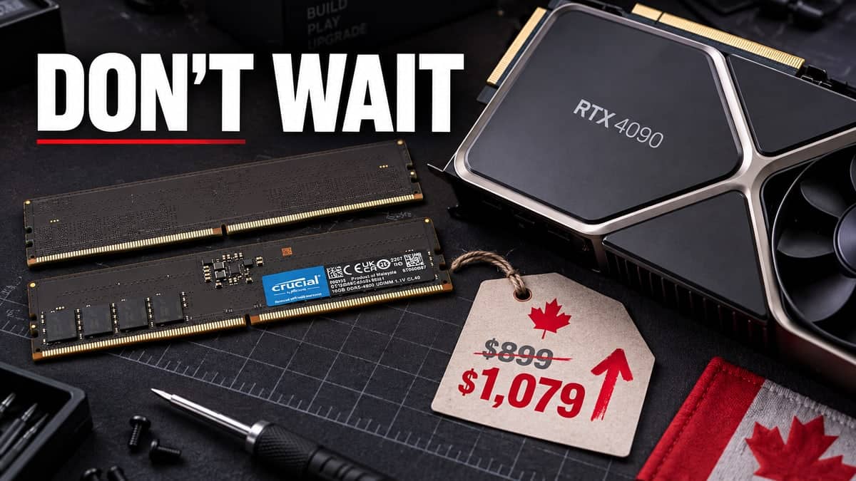 Une barrette de mémoire vive DDR5 et une carte graphique, encore dans leur emballage d'origine, posées sur un établi avec leurs étiquettes de prix