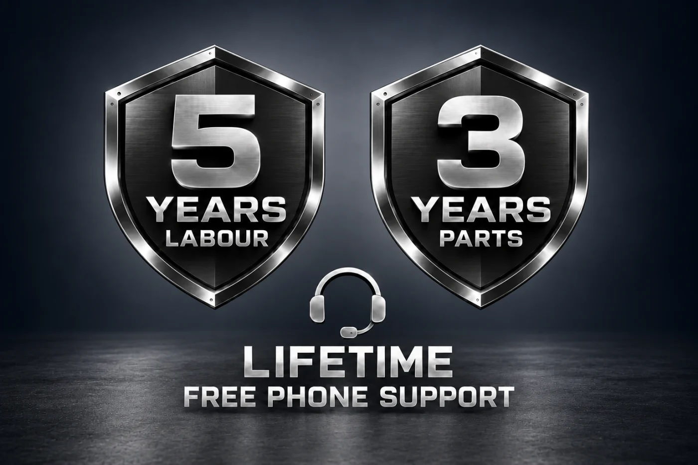 Five-year labour warranty, three-year parts warranty and free lifetime phone support