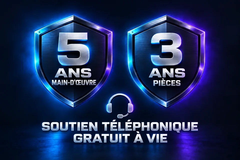 Garantie de cinq ans sur la main-d’œuvre, de trois ans sur les pièces et soutien téléphonique gratuit à vie