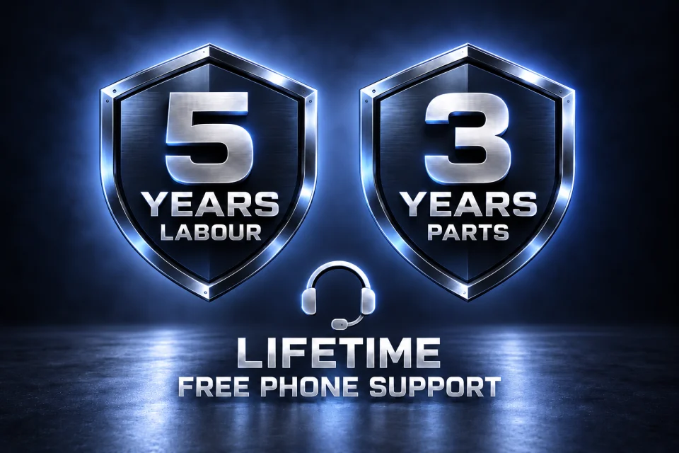 Five-year labour warranty, three-year parts warranty and free lifetime phone support