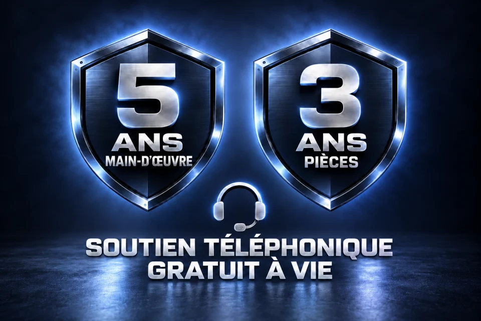 Garantie de cinq ans sur la main-d’œuvre, de trois ans sur les pièces et soutien téléphonique gratuit à vie